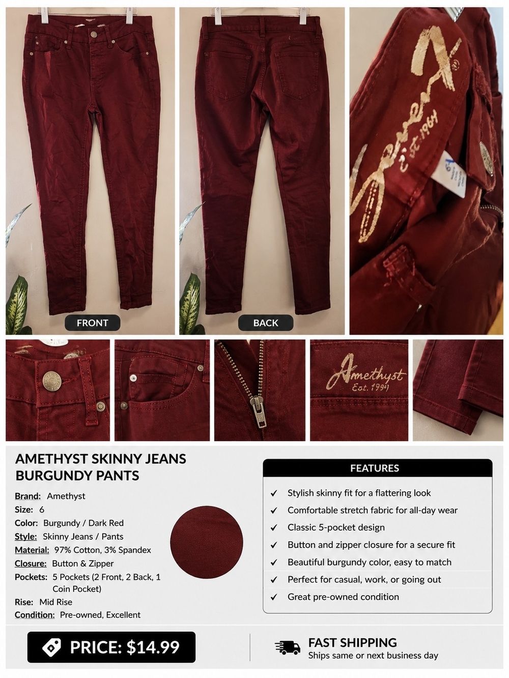 Amethyst Burgundy Skinny Jeans – Women’s Stretch Pants ❤️👖